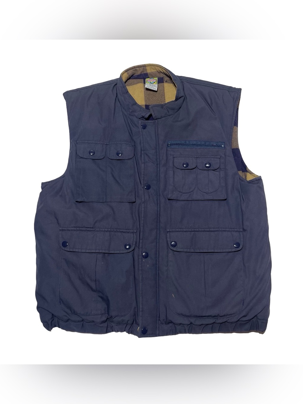 Weeds Mens Vintage Utility Vest Navy Blue Plaid Flannel Lined Cargo Camping Sz L